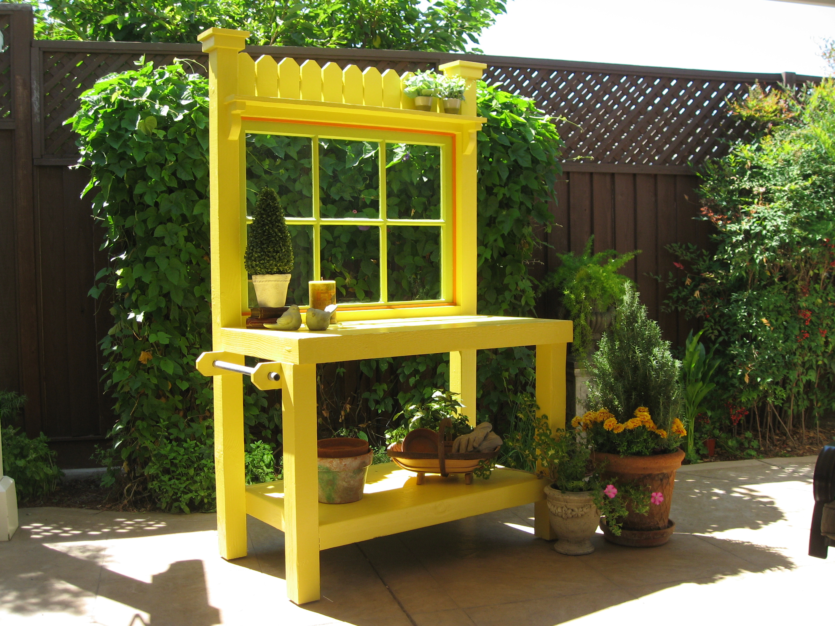 Yellow Potting Bench with Vintage Window