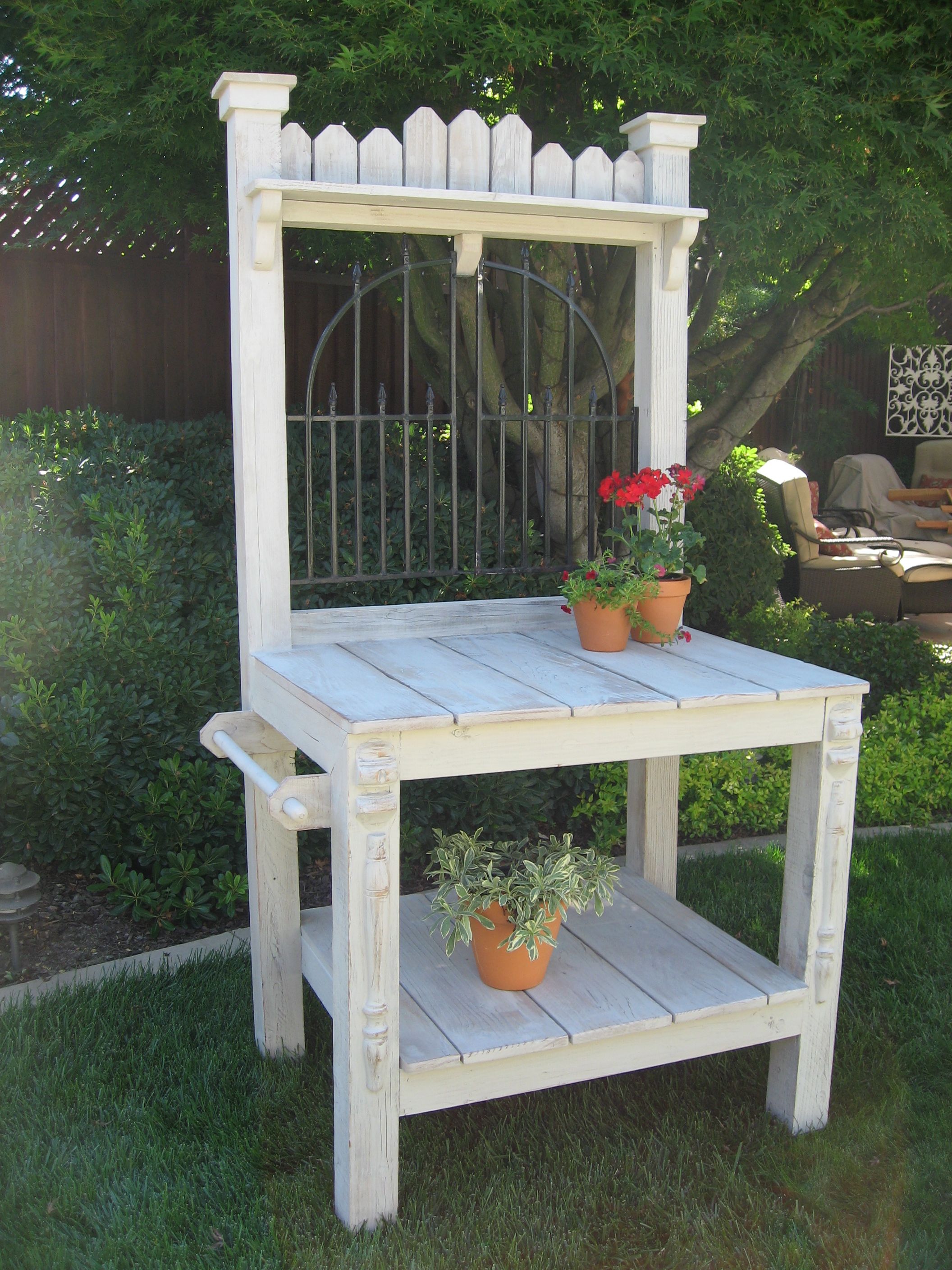 Washed Potting Bench with Iron Gate